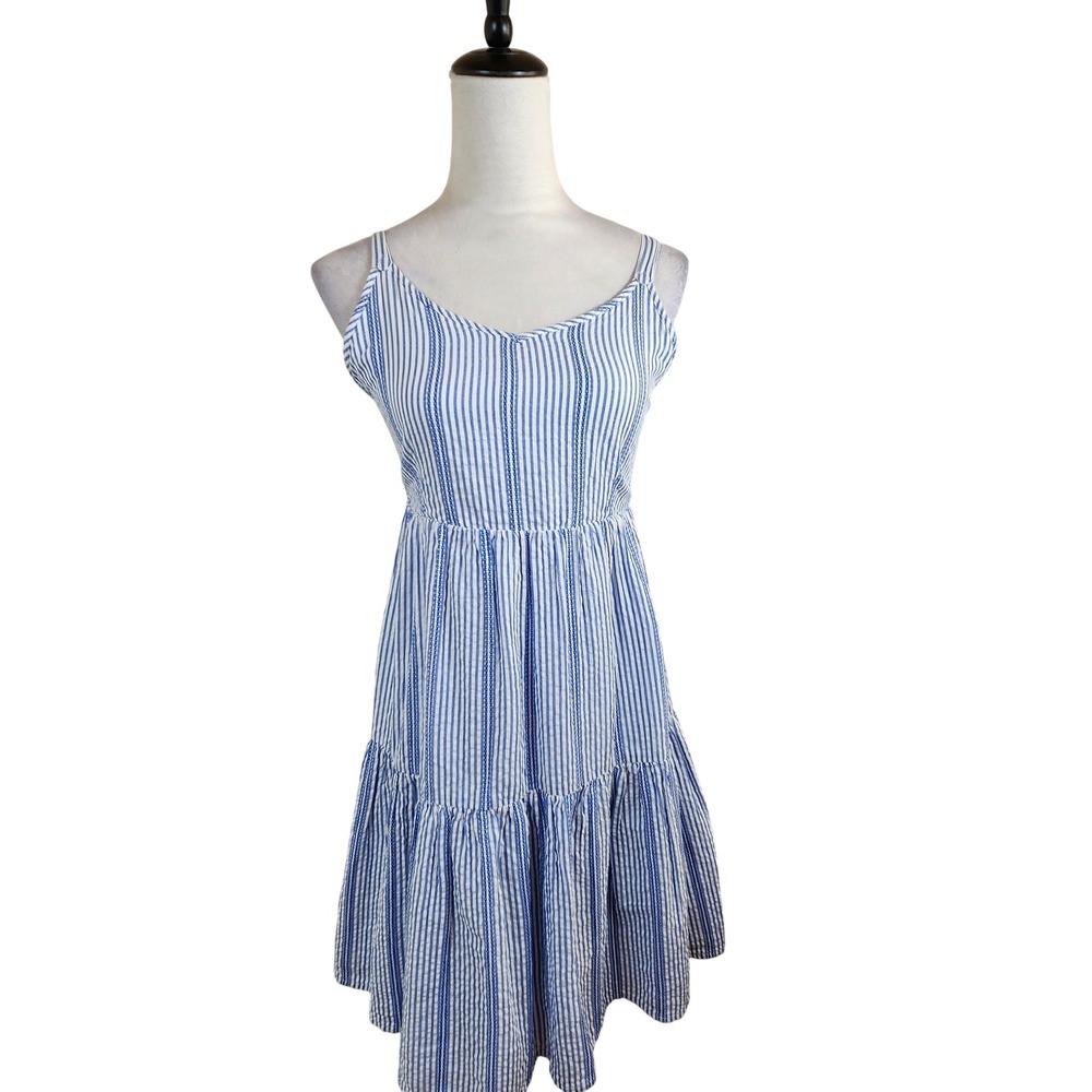 Vtg Benetton Womens Small Blue White Striped Seersucker Tie Back Dress‎ Coastal